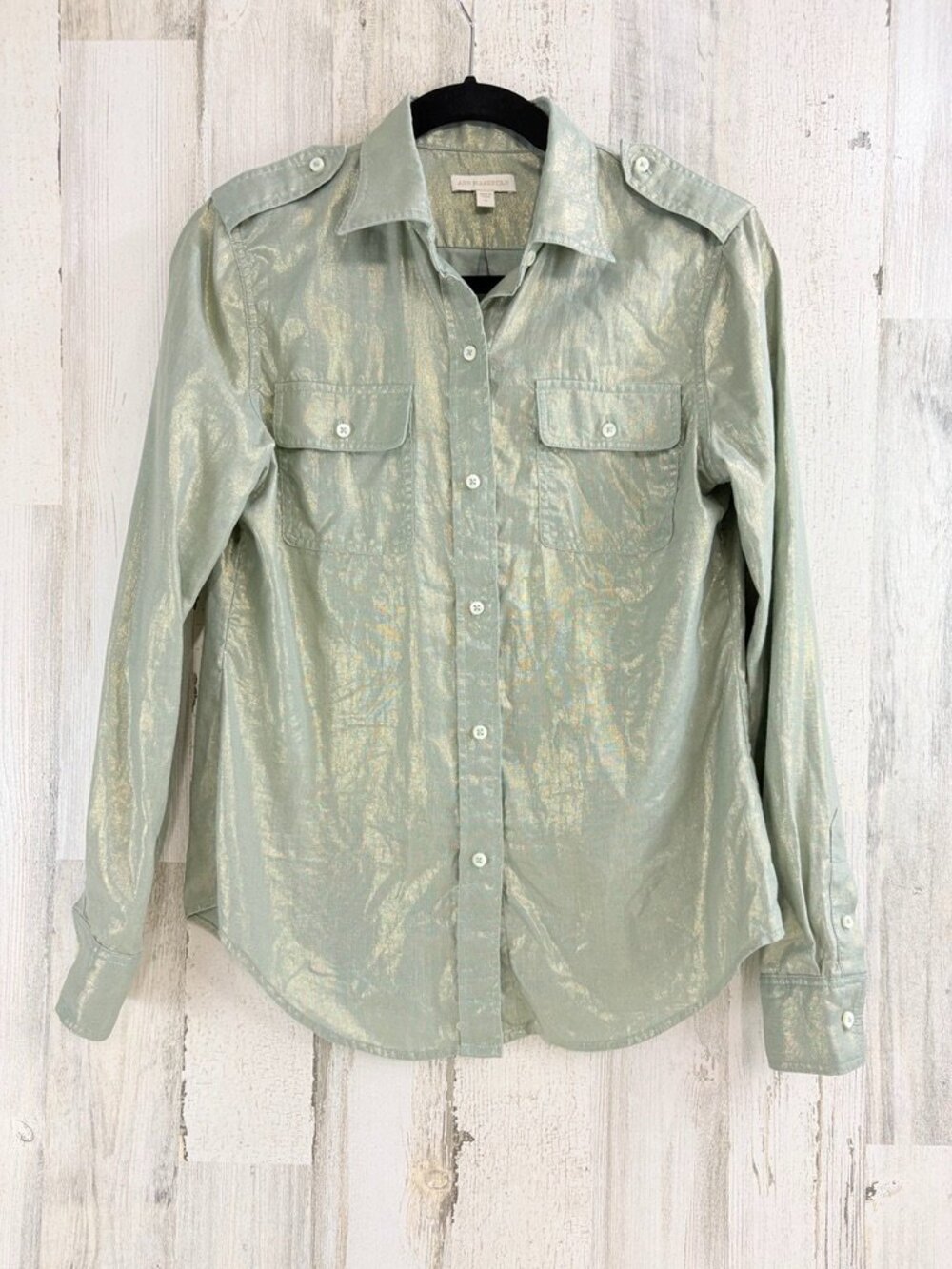 Ann Mashburn Safari Shirt Sz XS Green Gold Lame Linen Button Down